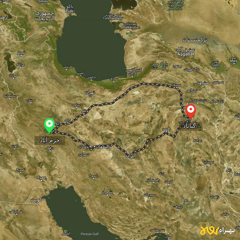 مسافت و فاصله گناباد - خراسان رضوی تا خرم آباد از ۲ مسیر - آذر ۱۴۰۳