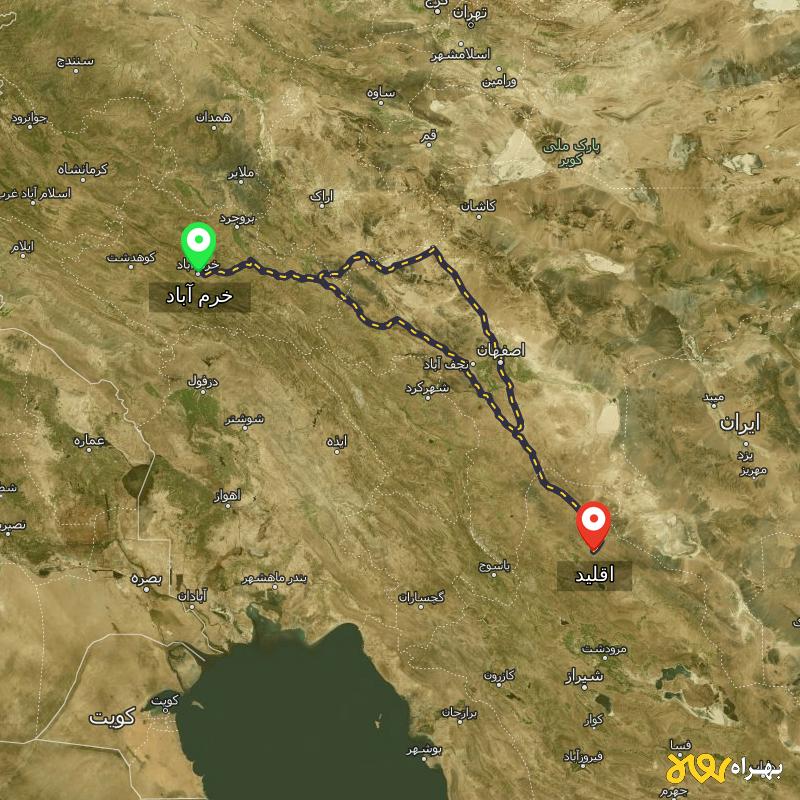 مسافت و فاصله اقلید - فارس تا خرم آباد از ۲ مسیر - دی ۱۴۰۳