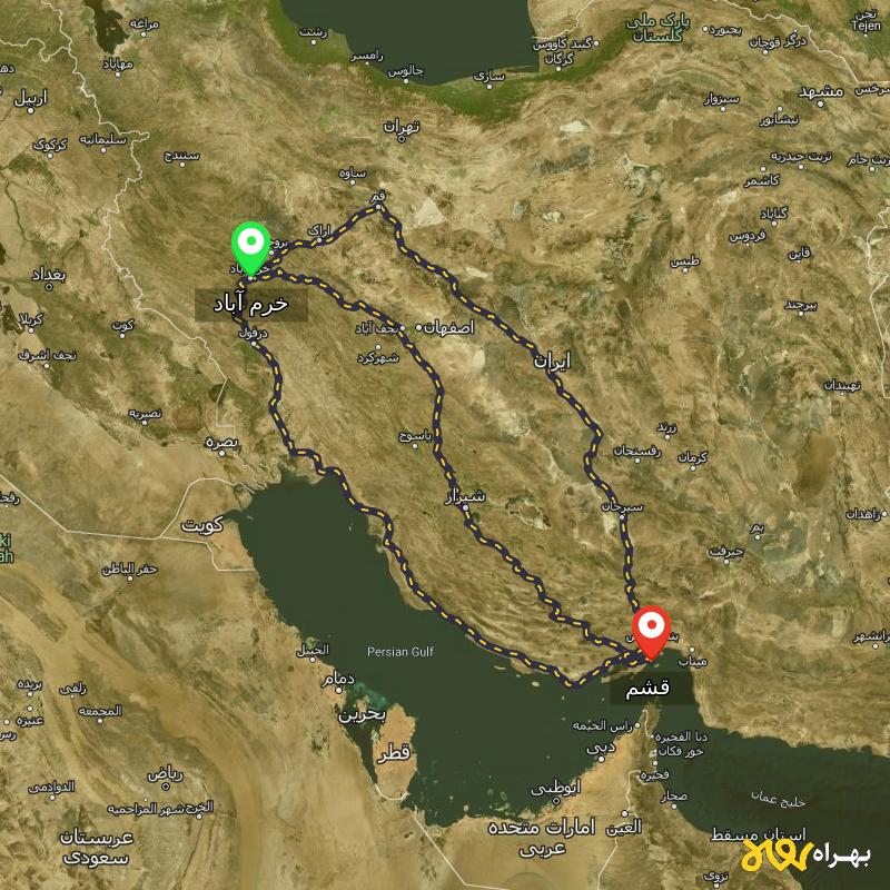 مسافت و فاصله قشم - هرمزگان تا خرم آباد از ۳ مسیر - اردیبهشت ۱۴۰۳