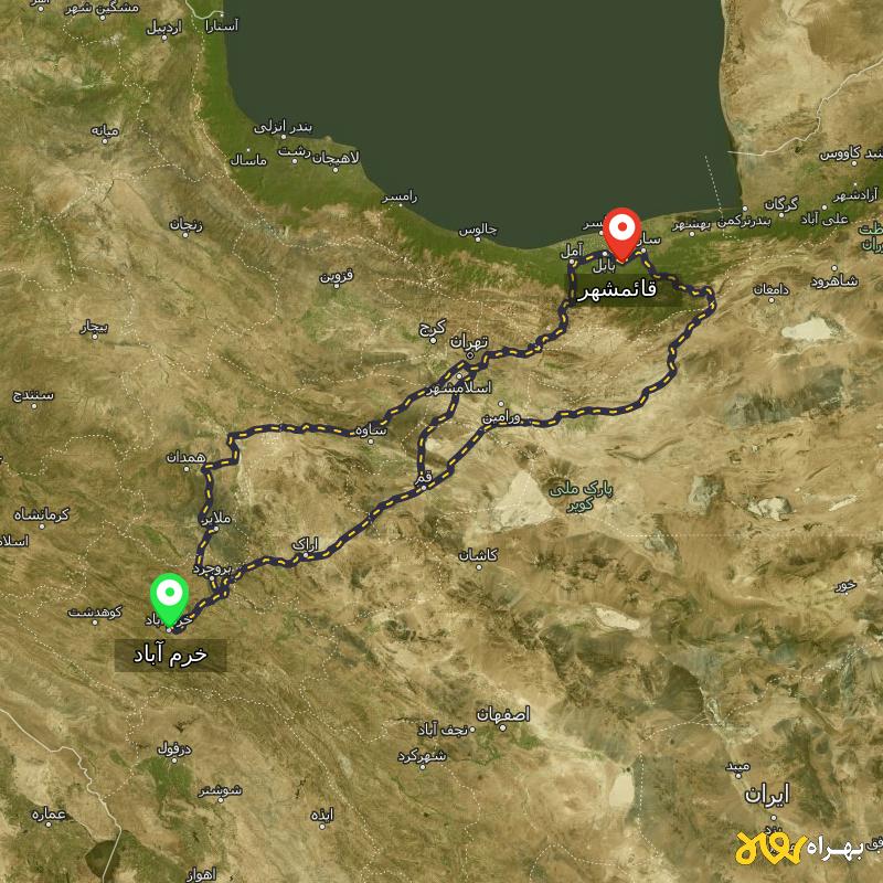 مسافت و فاصله قائمشهر تا خرم آباد از ۳ مسیر - دی ۱۴۰۳