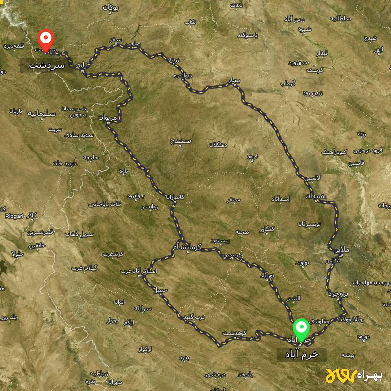 مسافت و فاصله سردشت - آذربایجان غربی تا خرم آباد از ۳ مسیر - آذر ۱۴۰۳