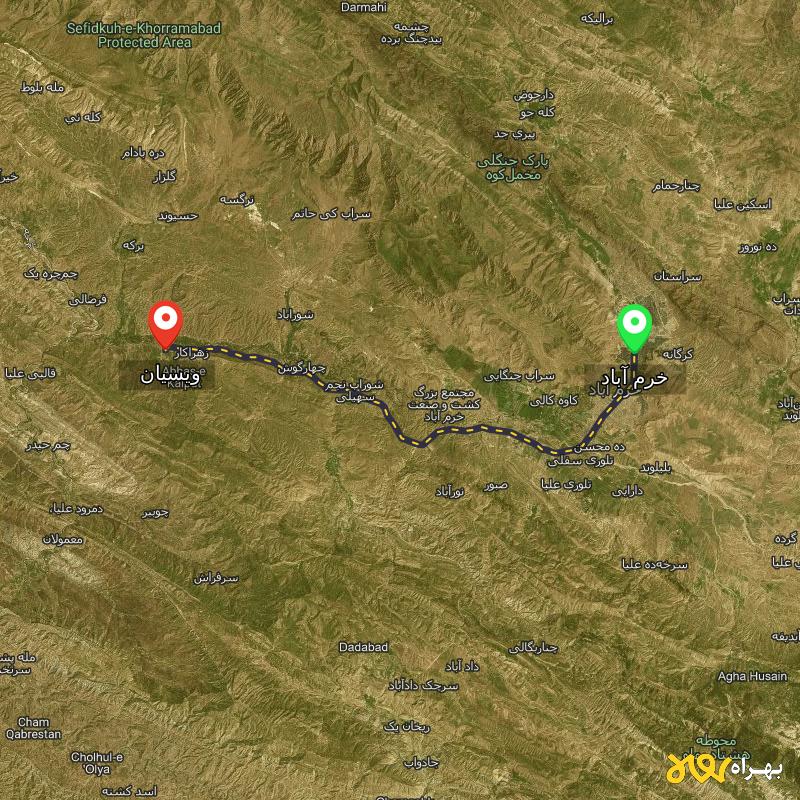 مسافت و فاصله ویسیان - لرستان تا خرم آباد - اردیبهشت ۱۴۰۳