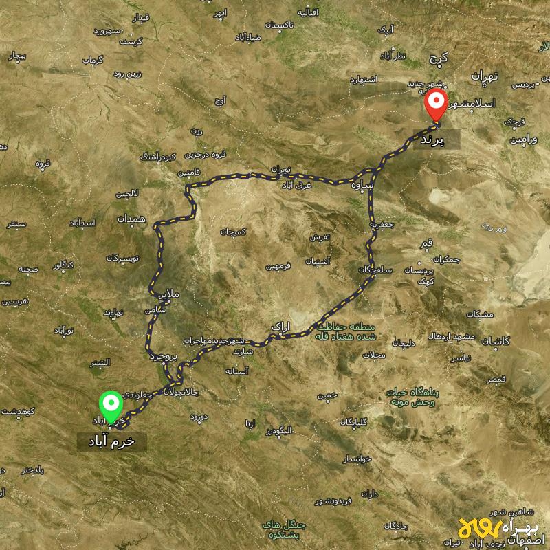مسافت و فاصله پرند تا خرم آباد از ۲ مسیر - اردیبهشت ۱۴۰۳