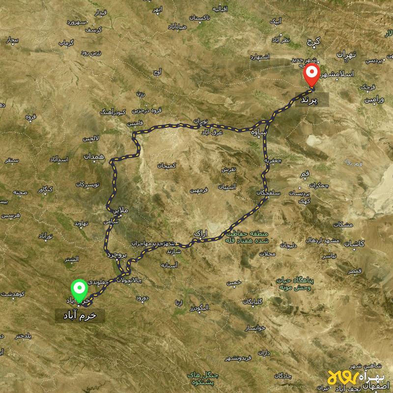 مسافت و فاصله پرند تا خرم آباد از ۲ مسیر - مهر ۱۴۰۳