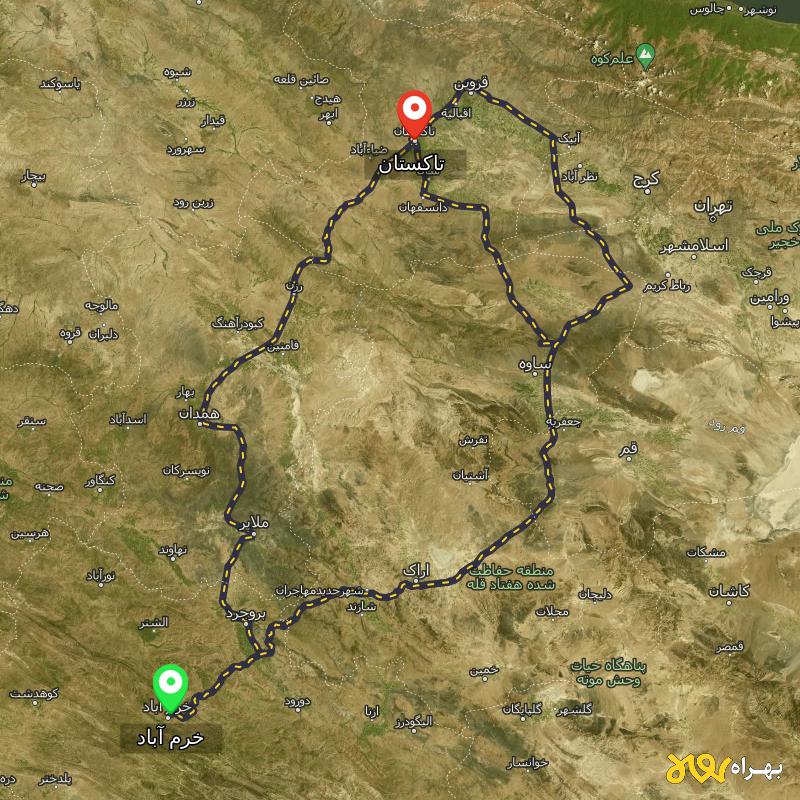 مسافت و فاصله تاکستان - قزوین تا خرم آباد از ۳ مسیر - اردیبهشت ۱۴۰۳