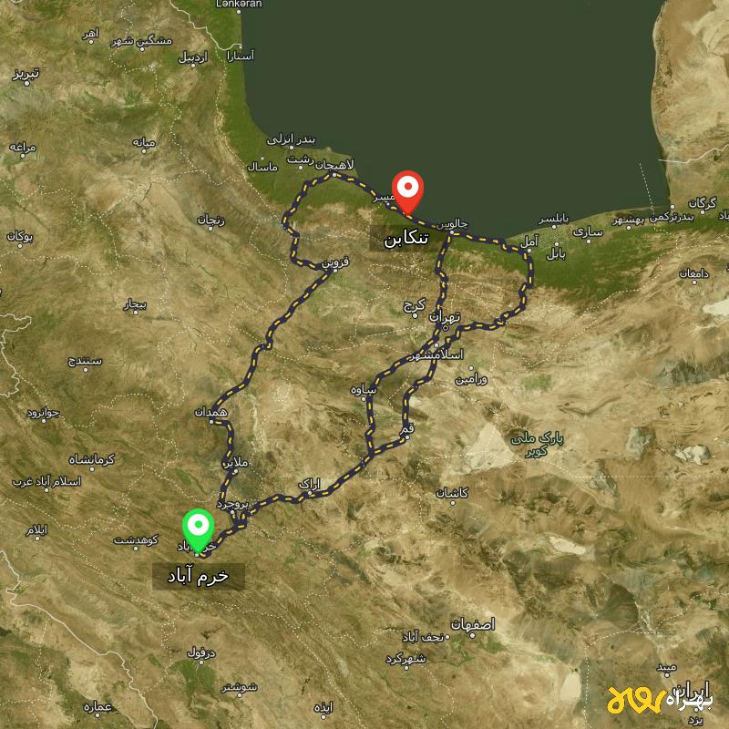 مسافت و فاصله تنکابن - مازندران تا خرم آباد از ۳ مسیر - مرداد ۱۴۰۳