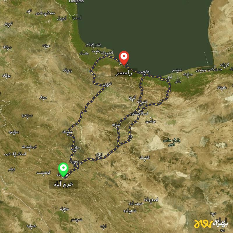 مسافت و فاصله رامسر - مازندران تا خرم آباد از ۳ مسیر - مرداد ۱۴۰۳