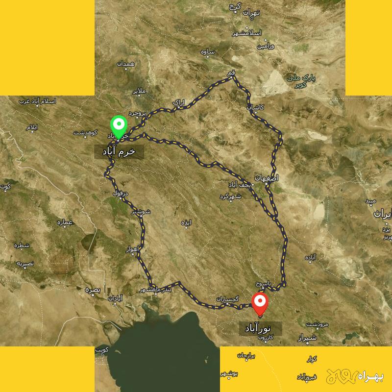 مسافت و فاصله نورآباد - نورآباد ممسنی تا خرم آباد از ۳ مسیر - آذر ۱۴۰۳