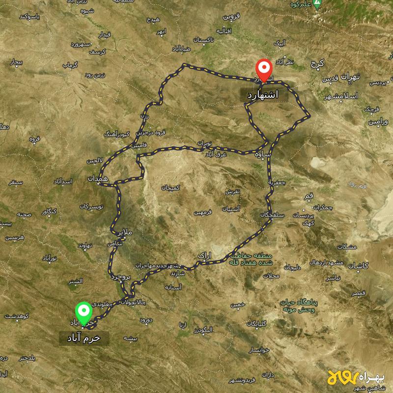 مسافت و فاصله اشتهارد - البرز تا خرم آباد از ۳ مسیر - آذر ۱۴۰۳