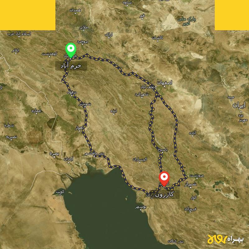 مسافت و فاصله کازرون - فارس تا خرم آباد از ۳ مسیر - اردیبهشت ۱۴۰۳
