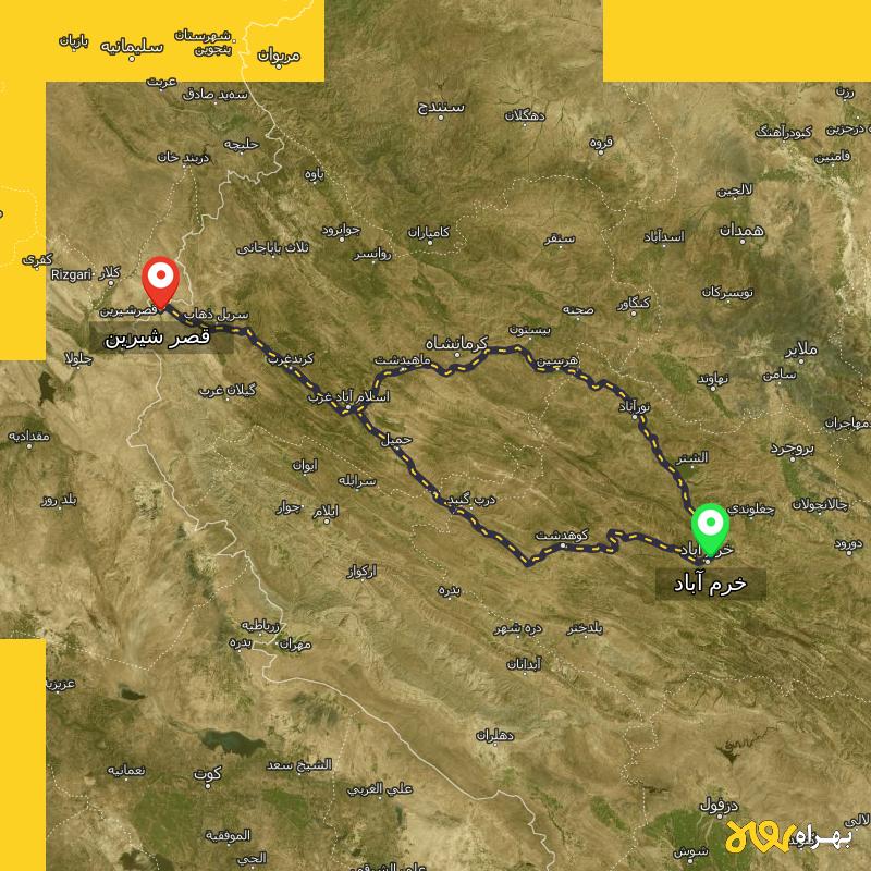 مسافت و فاصله قصر شیرین - کرمانشاه تا خرم آباد از ۲ مسیر - بهمن ۱۴۰۳