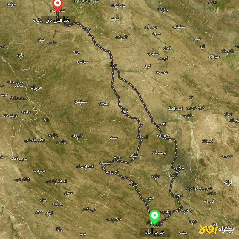 مسافت و فاصله شاهین دژ - آذربایجان غربی تا خرم آباد از ۲ مسیر - دی ۱۴۰۳