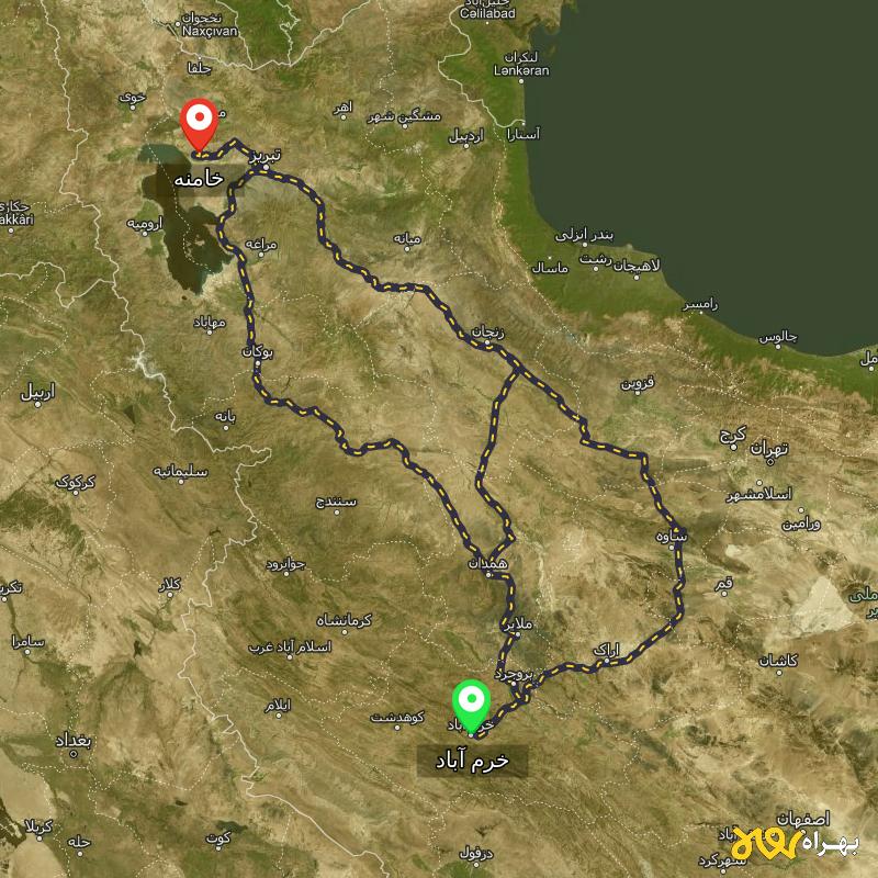 مسافت و فاصله خامنه - آذربایجان شرقی تا خرم آباد از ۳ مسیر - آذر ۱۴۰۳