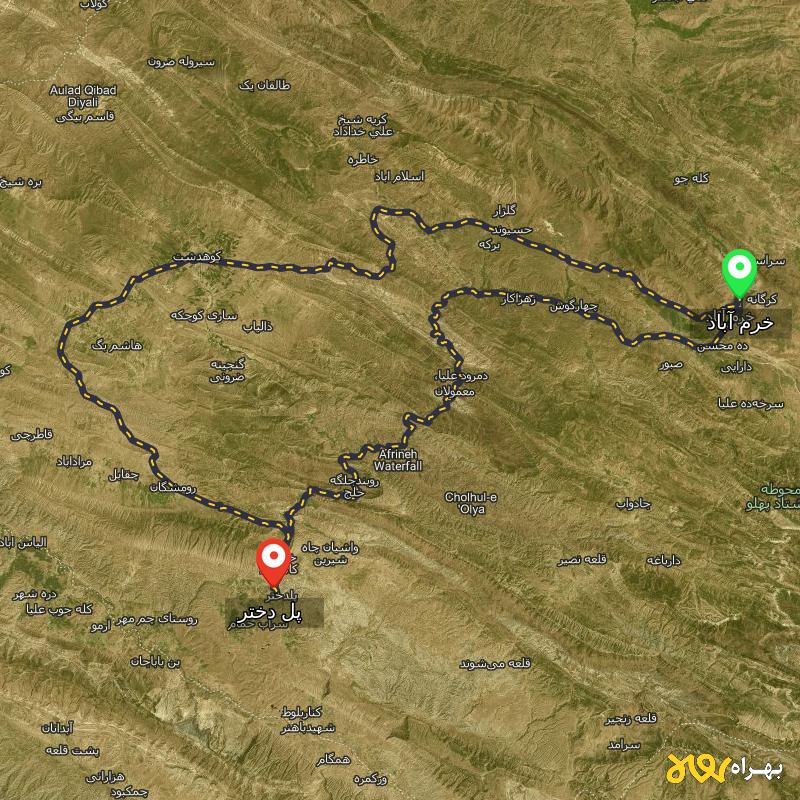مسافت و فاصله پل دختر - لرستان تا خرم آباد از 2 مسیر - مسیریاب بهراه