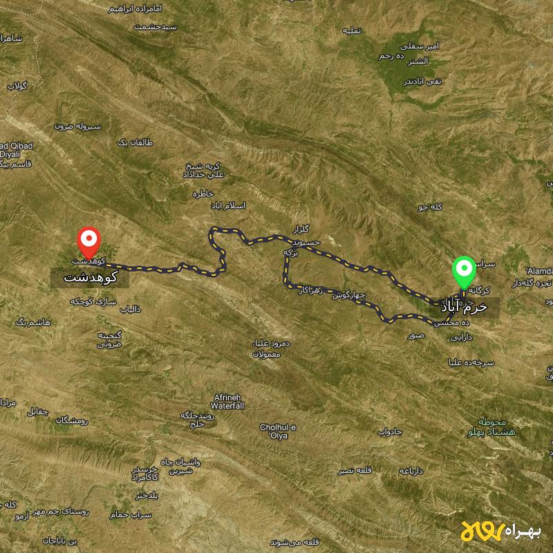مسافت و فاصله کوهدشت - لرستان تا خرم آباد از 2 مسیر - مسیریاب بهراه