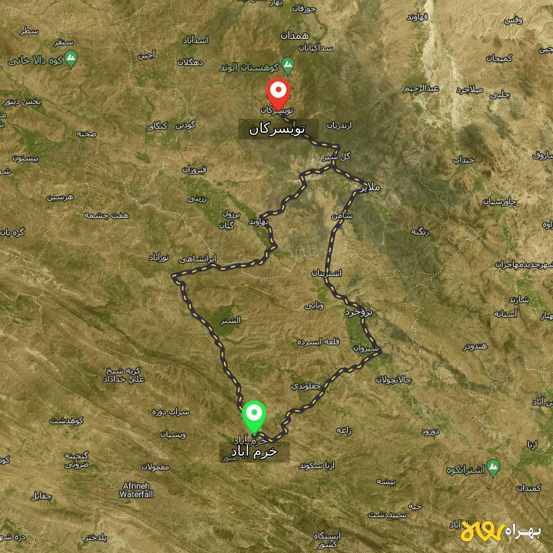 مسافت و فاصله تویسرکان - همدان تا خرم آباد از ۲ مسیر - مرداد ۱۴۰۳