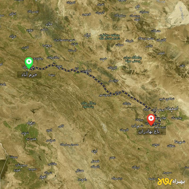 مسافت و فاصله باغ بهادران - اصفهان تا خرم آباد - آذر ۱۴۰۳