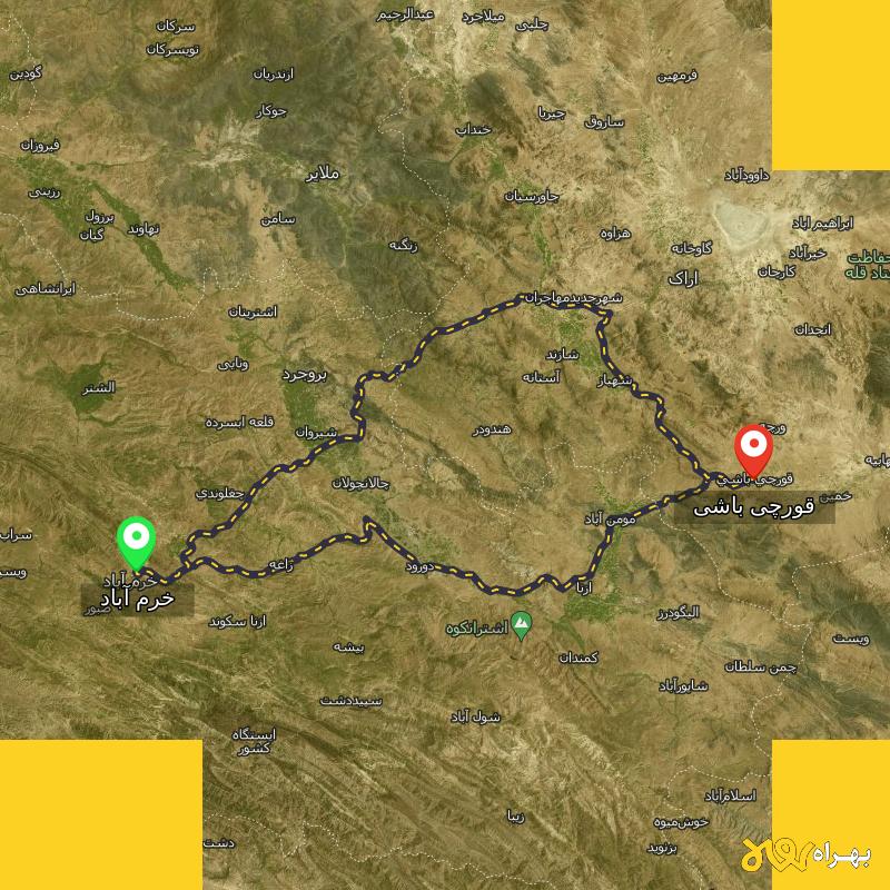 مسافت و فاصله قورچی باشی - مرکزی تا خرم آباد از ۲ مسیر - دی ۱۴۰۳