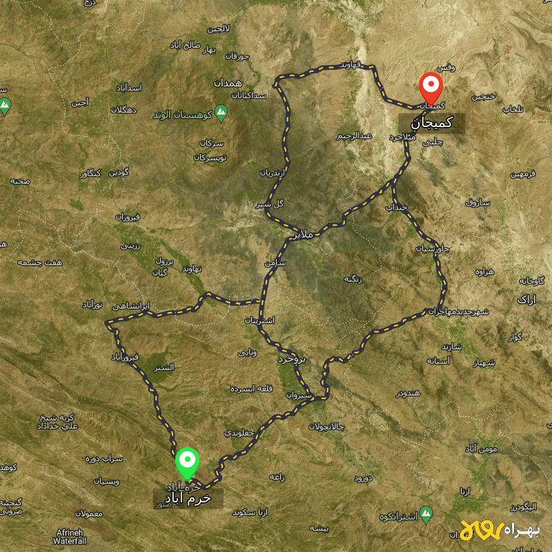 مسافت و فاصله کمیجان - مرکزی تا خرم آباد از ۳ مسیر - مرداد ۱۴۰۳