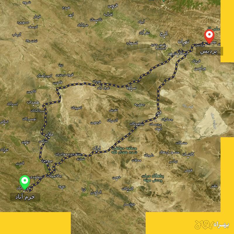 مسافت و فاصله پردیس - تهران تا خرم آباد از ۲ مسیر - مهر ۱۴۰۳