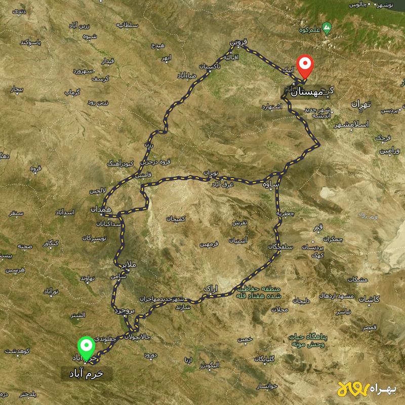 مسافت و فاصله مهستان تا خرم آباد از ۳ مسیر - آذر ۱۴۰۳
