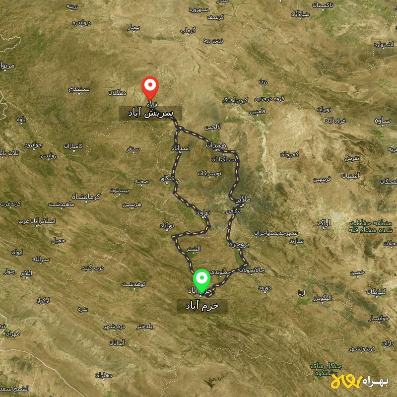 مسافت و فاصله سریش آباد - کردستان تا خرم آباد از ۲ مسیر - دی ۱۴۰۳