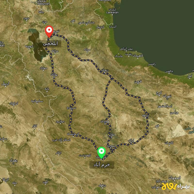 مسافت و فاصله ایلخچی - آذربایجان شرقی تا خرم آباد از ۳ مسیر - آذر ۱۴۰۳