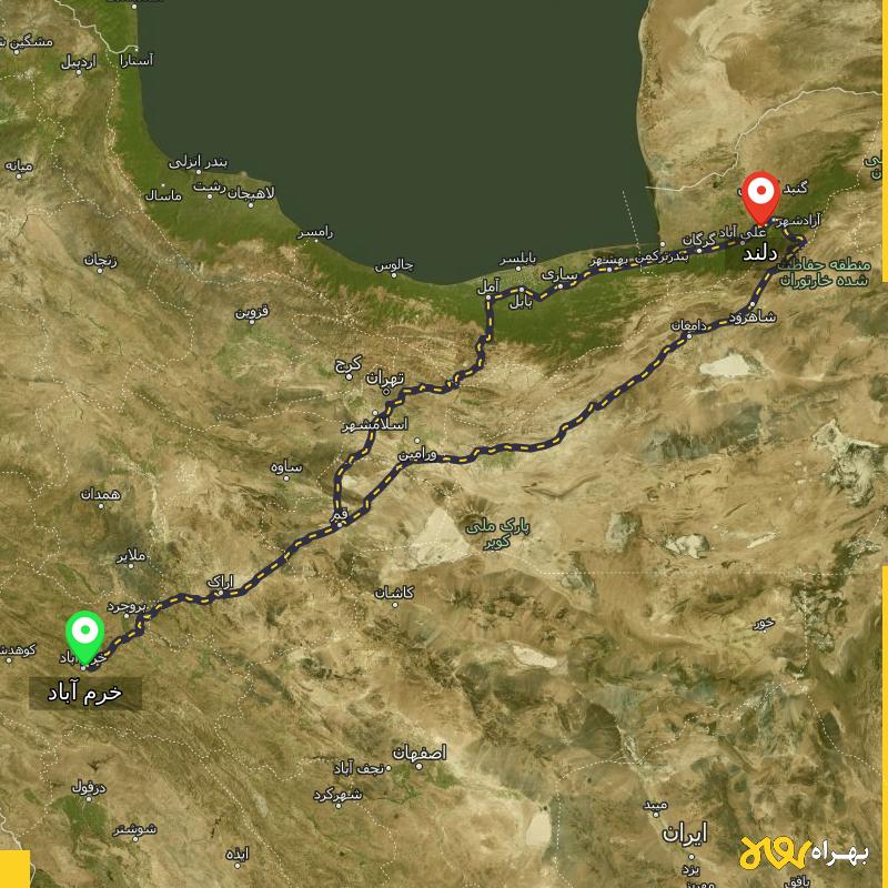 مسافت و فاصله دلند - گلستان تا خرم آباد از ۲ مسیر - دی ۱۴۰۳