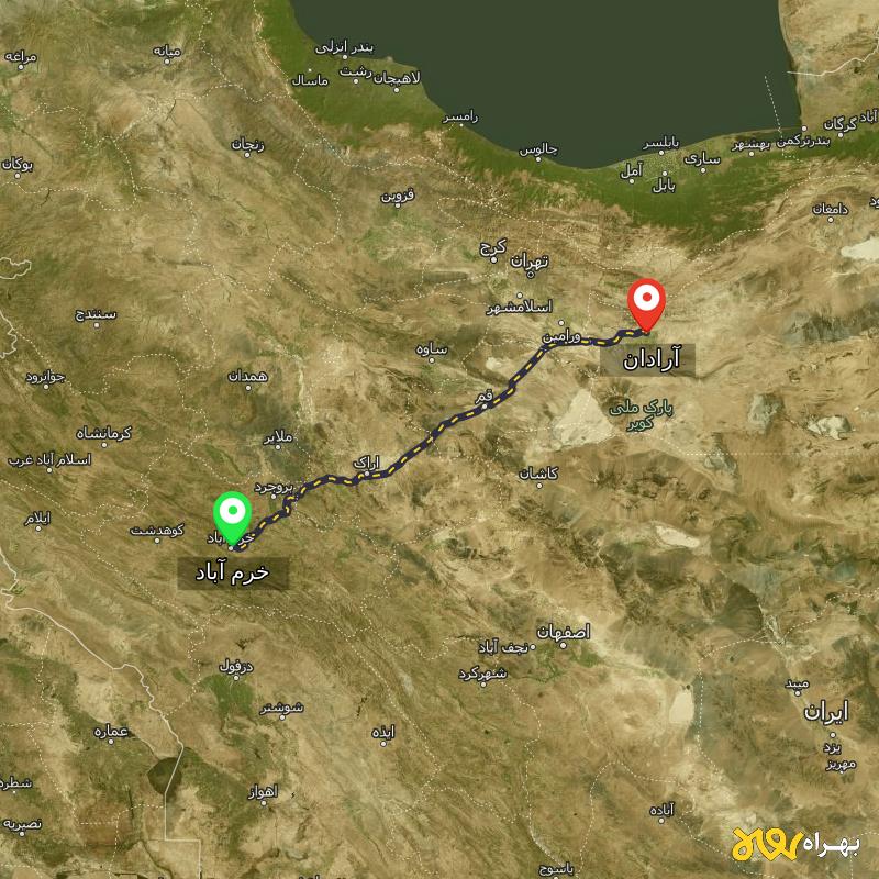 مسافت و فاصله آرادان - سمنان تا خرم آباد - دی ۱۴۰۳