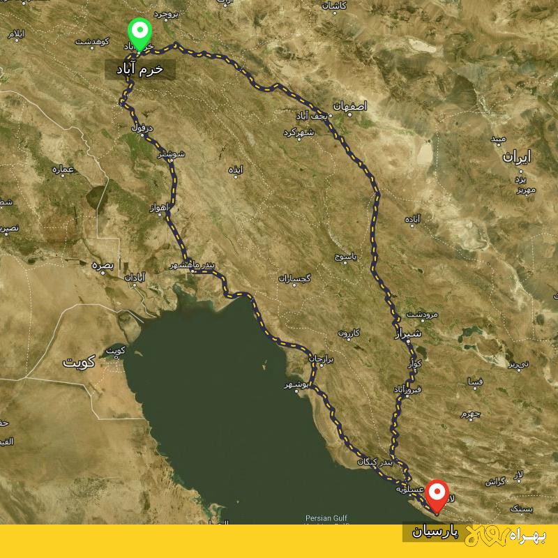 مسافت و فاصله پارسیان - هرمزگان تا خرم آباد از ۲ مسیر - اردیبهشت ۱۴۰۳