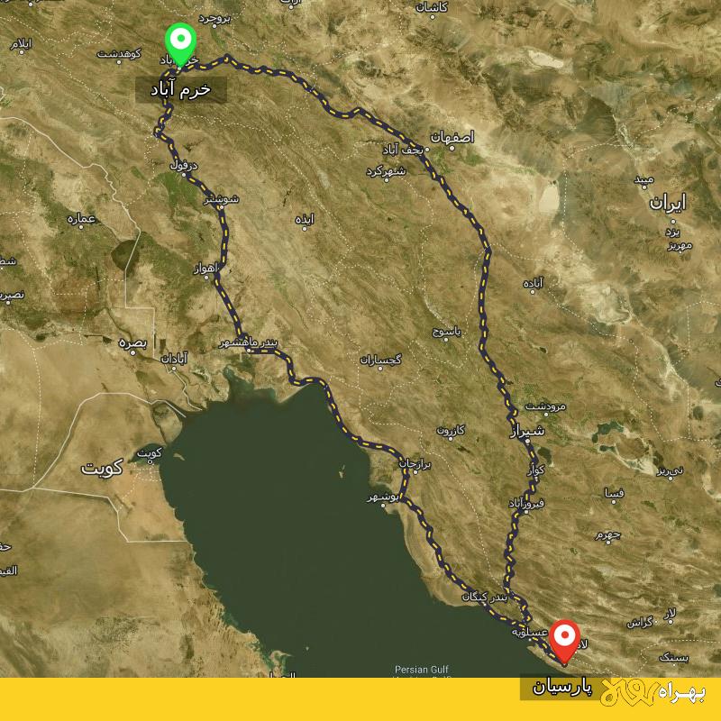 مسافت و فاصله پارسیان - هرمزگان تا خرم آباد از ۲ مسیر - آبان ۱۴۰۳
