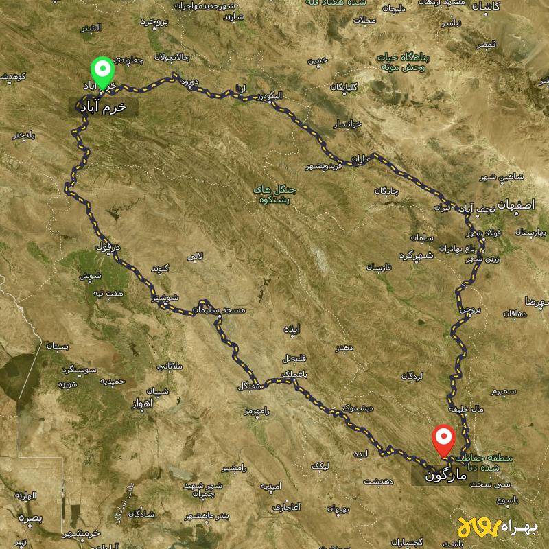 مسافت و فاصله مارگون - کهگیلویه و بویر احمد تا خرم آباد از ۲ مسیر - شهریور ۱۴۰۳