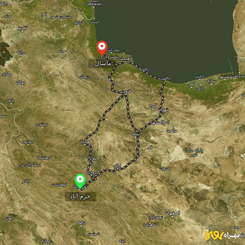 مسافت و فاصله ماسال - گیلان تا خرم آباد از ۳ مسیر - اردیبهشت ۱۴۰۳