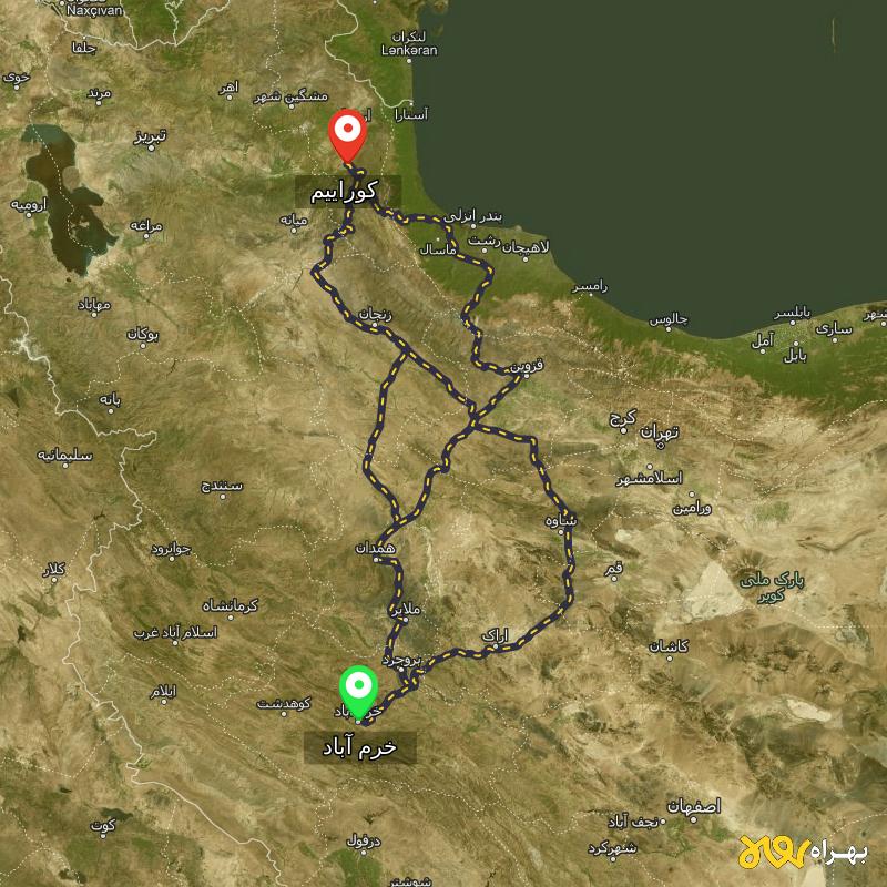 مسافت و فاصله کوراییم - اردبیل تا خرم آباد از ۳ مسیر - آذر ۱۴۰۳