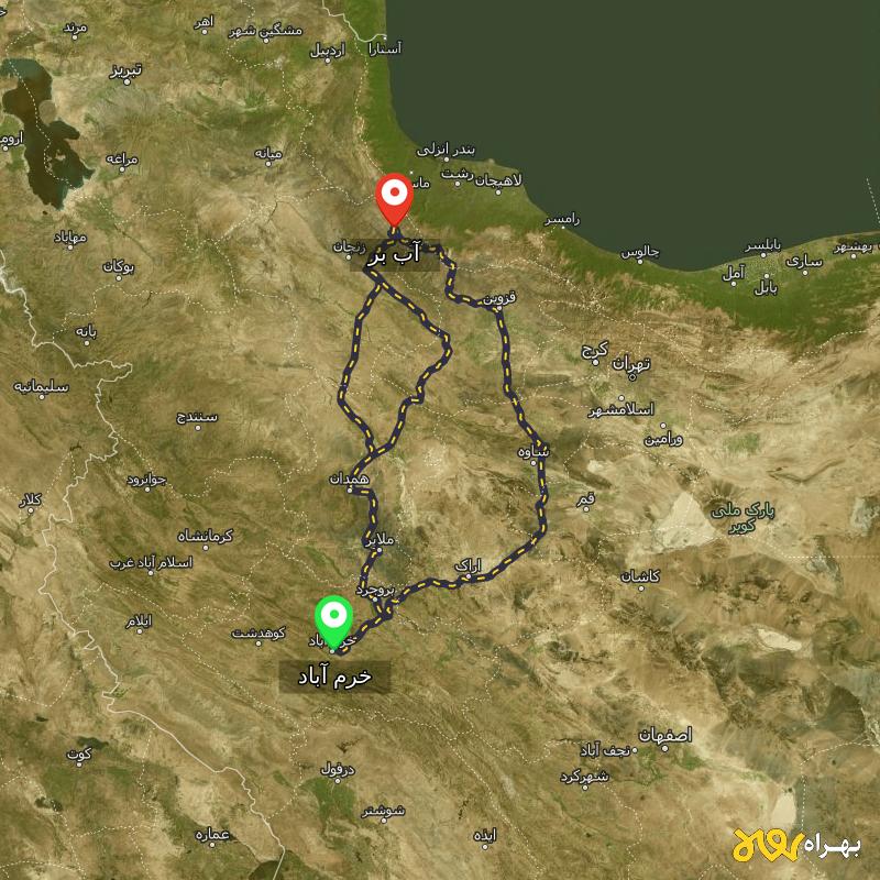 مسافت و فاصله آب بر - زنجان تا خرم آباد از ۳ مسیر - دی ۱۴۰۳