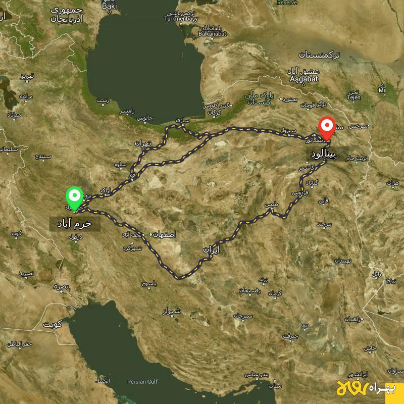 مسافت و فاصله بینالود - خراسان رضوی تا خرم آباد از ۳ مسیر - مرداد ۱۴۰۳