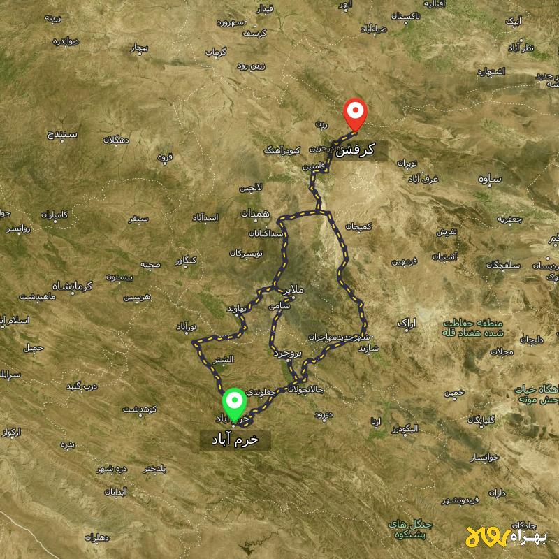 مسافت و فاصله کرفس - همدان تا خرم آباد از ۳ مسیر - آذر ۱۴۰۳