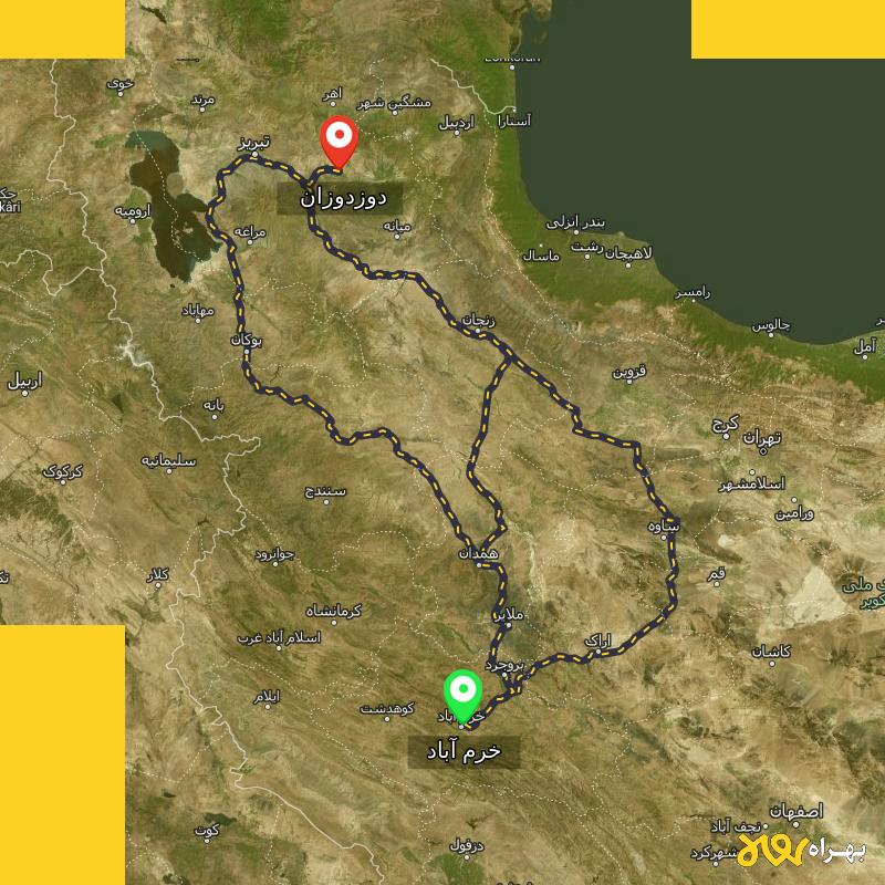 مسافت و فاصله دوزدوزان - آذربایجان شرقی تا خرم آباد از ۳ مسیر - مهر ۱۴۰۳