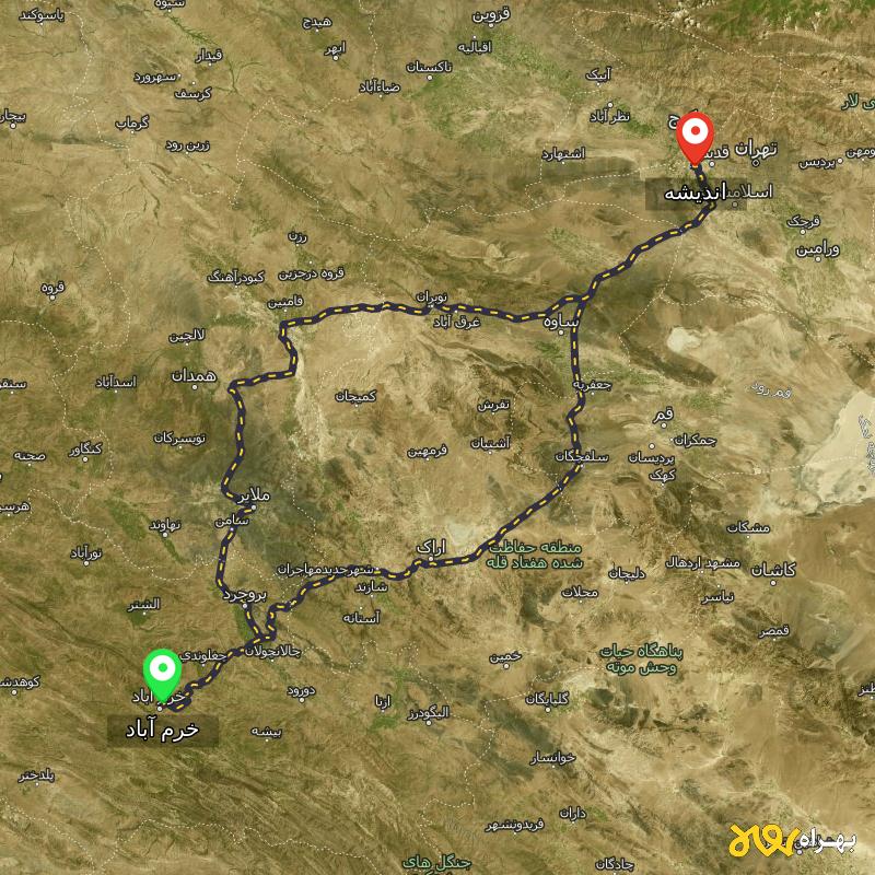 مسافت و فاصله اندیشه تا خرم آباد از ۲ مسیر - بهمن ۱۴۰۳