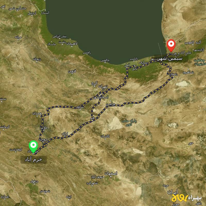 مسافت و فاصله سیمین شهر - گلستان تا خرم آباد از ۳ مسیر - آذر ۱۴۰۳