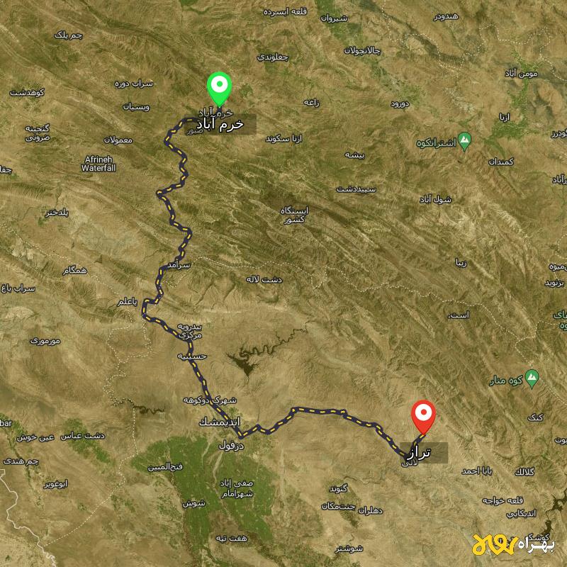 مسافت و فاصله تراز - خوزستان تا خرم آباد - بهمن ۱۴۰۳