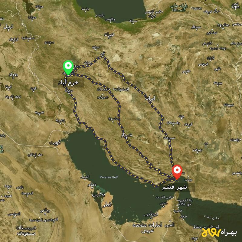 مسافت و فاصله شهر قشم - هرمزگان تا خرم آباد از ۳ مسیر - بهمن ۱۴۰۳