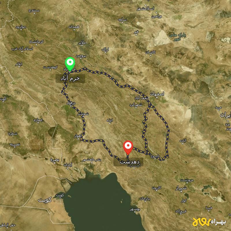 مسافت و فاصله دهدشت - کهگیلویه و بویر احمد تا خرم آباد از ۳ مسیر - مرداد ۱۴۰۳
