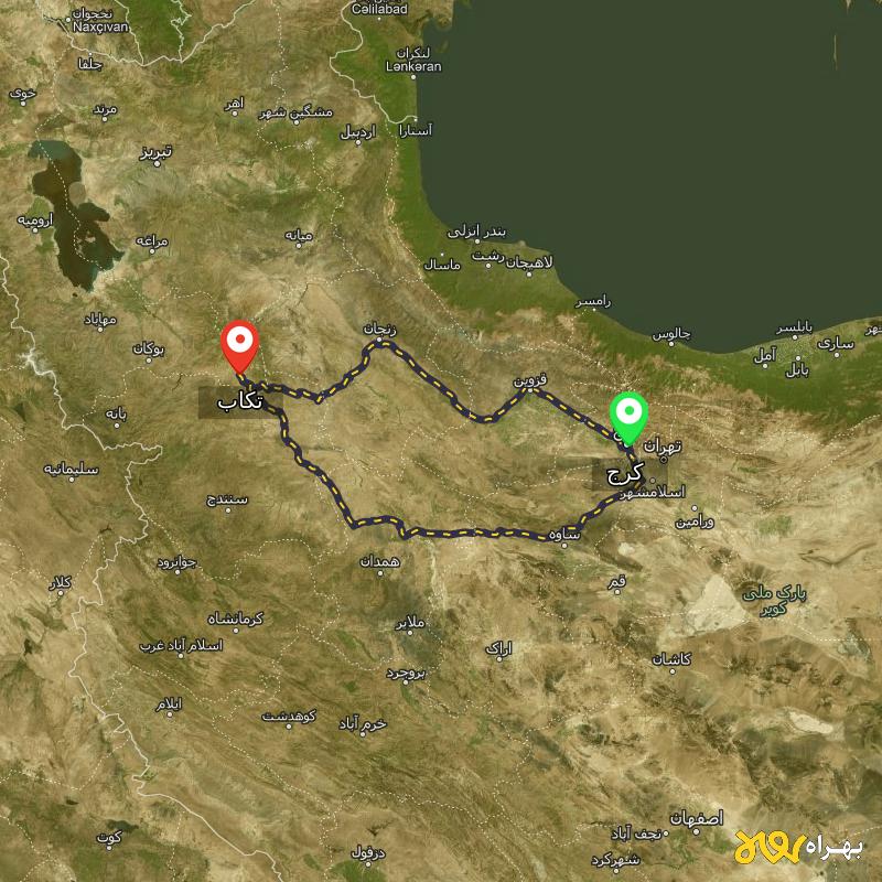 مسافت و فاصله تکاب - آذربایجان غربی تا کرج از ۲ مسیر - مرداد ۱۴۰۳