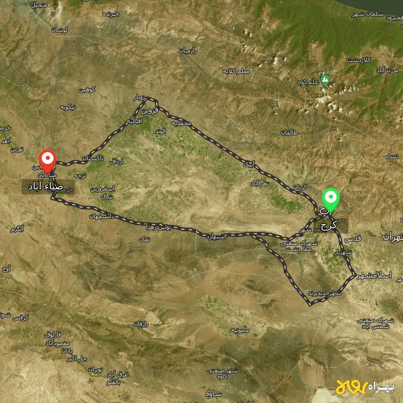 مسافت و فاصله ضیاء آباد - قزوین تا کرج از ۳ مسیر - مرداد ۱۴۰۳