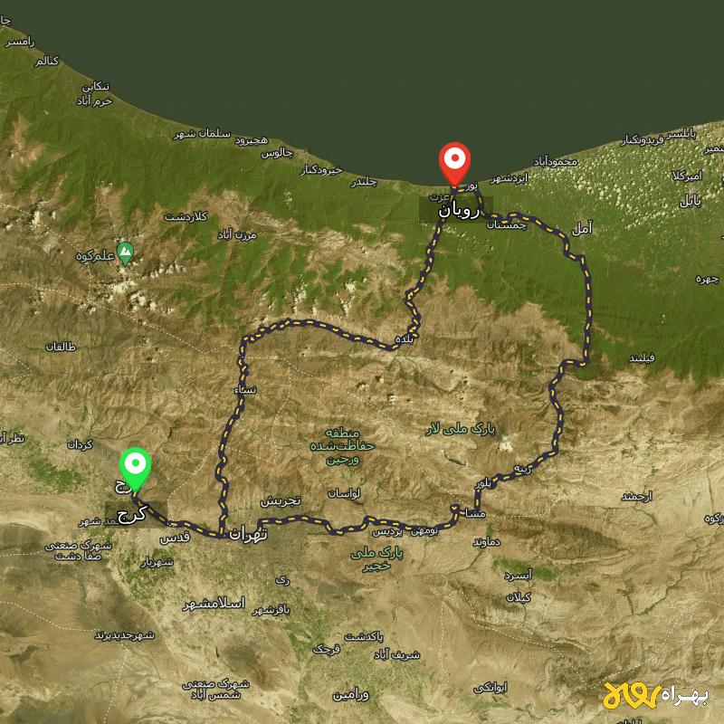 مسافت و فاصله رویان - مازندران تا کرج از ۲ مسیر - اردیبهشت ۱۴۰۳