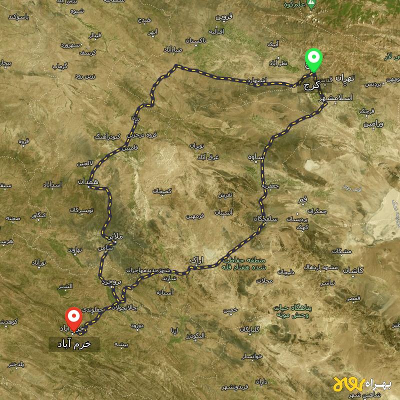 مسافت و فاصله خرم آباد تا کرج از ۲ مسیر - مرداد ۱۴۰۳