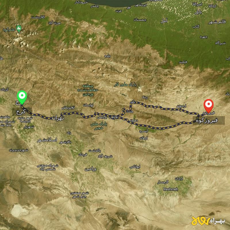 مسافت و فاصله فیروزکوه - تهران تا کرج از ۲ مسیر - آبان ۱۴۰۳