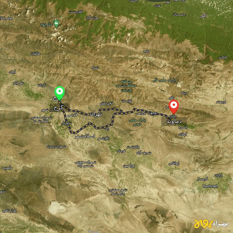مسافت و فاصله دماوند - تهران تا کرج از ۲ مسیر - بهمن ۱۴۰۳