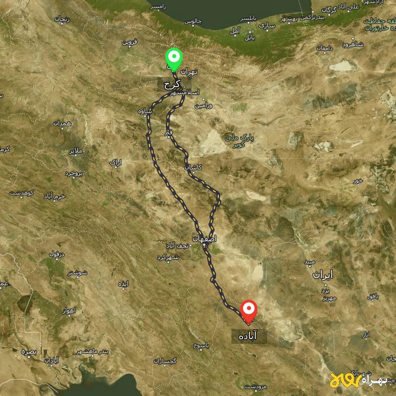 مسافت و فاصله آباده - فارس تا کرج از ۲ مسیر - مرداد ۱۴۰۳